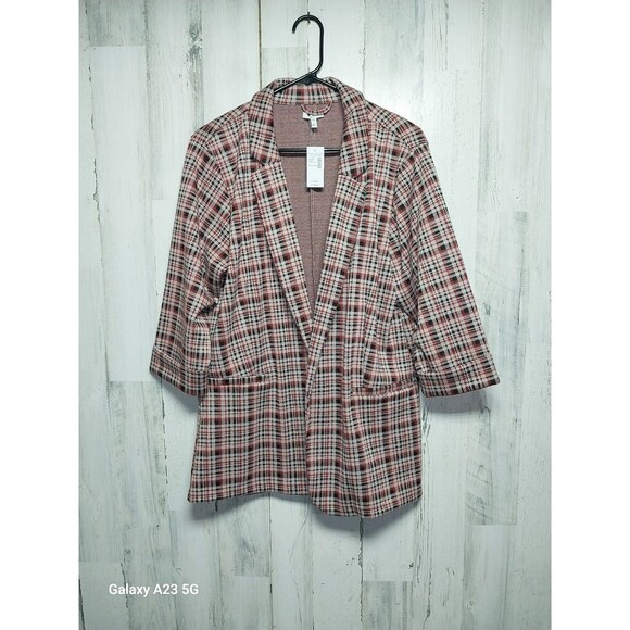 Maurices Women's Buttonless Blazer Jacket XXL NWT Plaid 3/4 Sleeves Beige Red - Picture 1 of 8